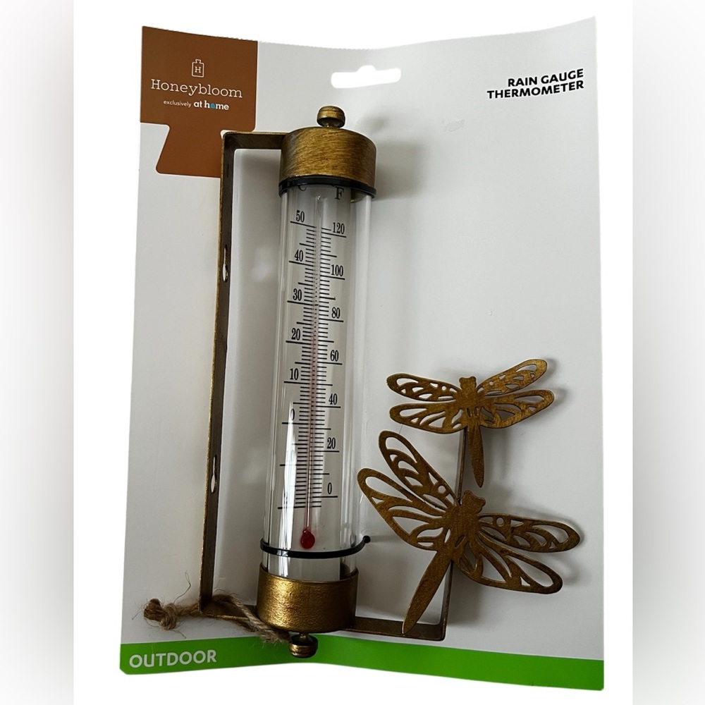 Gold Dragonfly Rain Gauge Thermometer